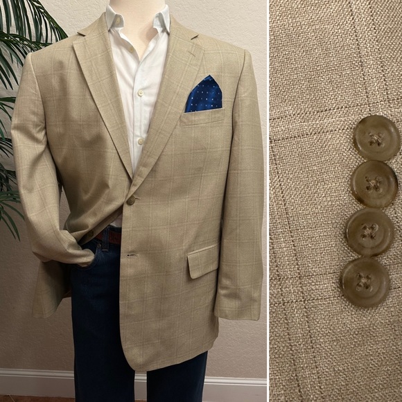 JOSEPH FEISS MENS SUIT JACKET SIZE 46 TAN WINDOWPANE BLAZER SILK WOOL SPORT COAT